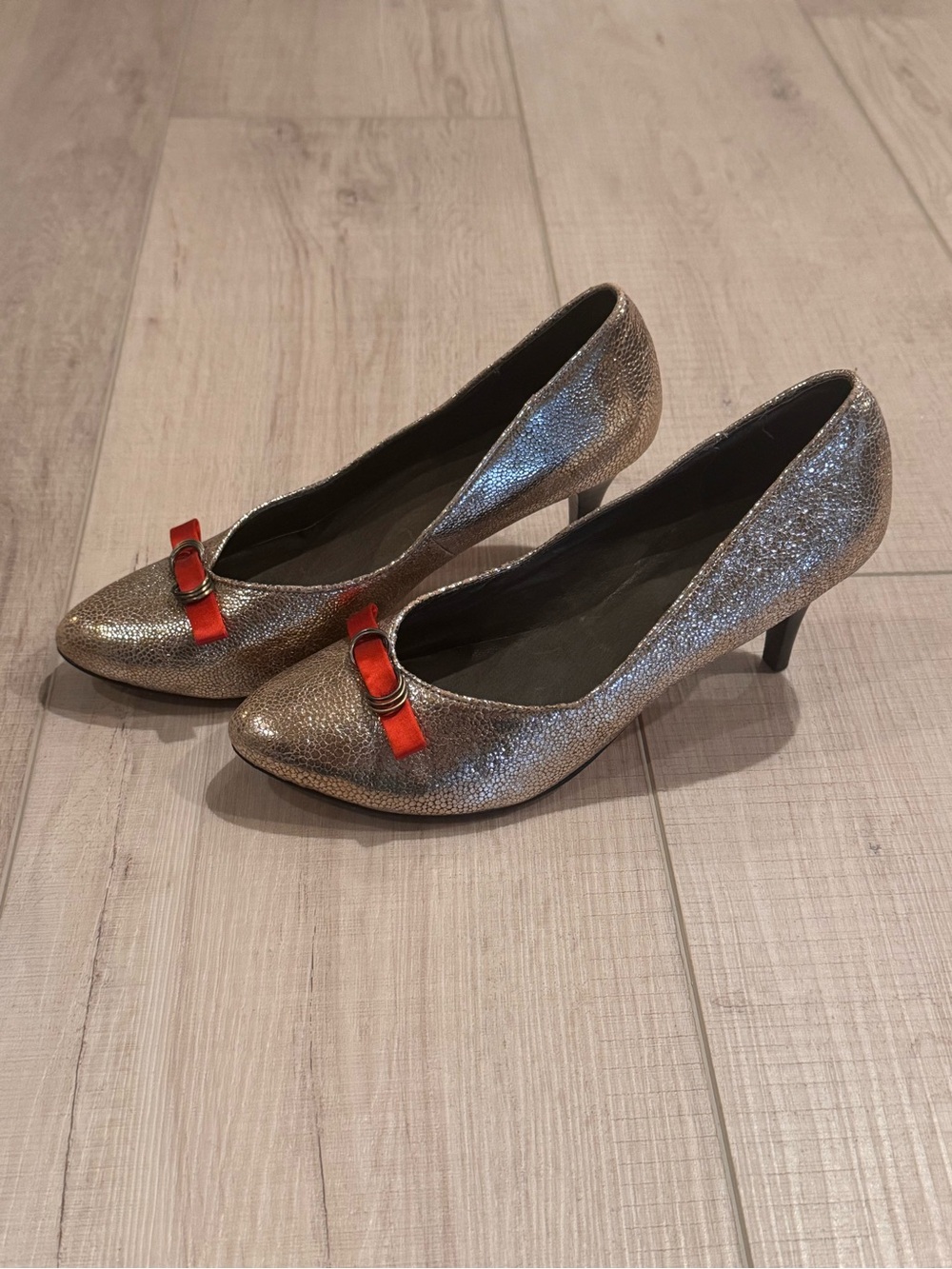 Pilcro and the Letterpress Anthropologie Silver Pump with Red Embellishment